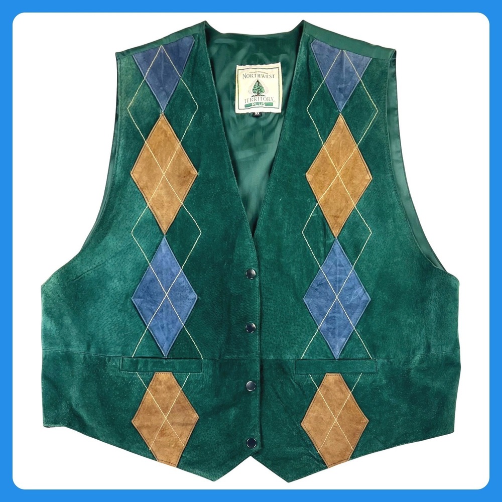 Northwest‎ Territory Plus Argyle Vest Women's 3X Green Suede Leather Patchwork
